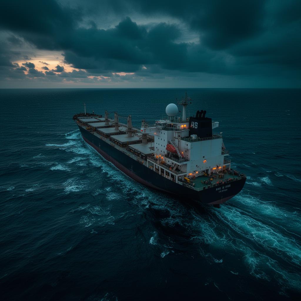 Cargo vessel at sea with communication dome
