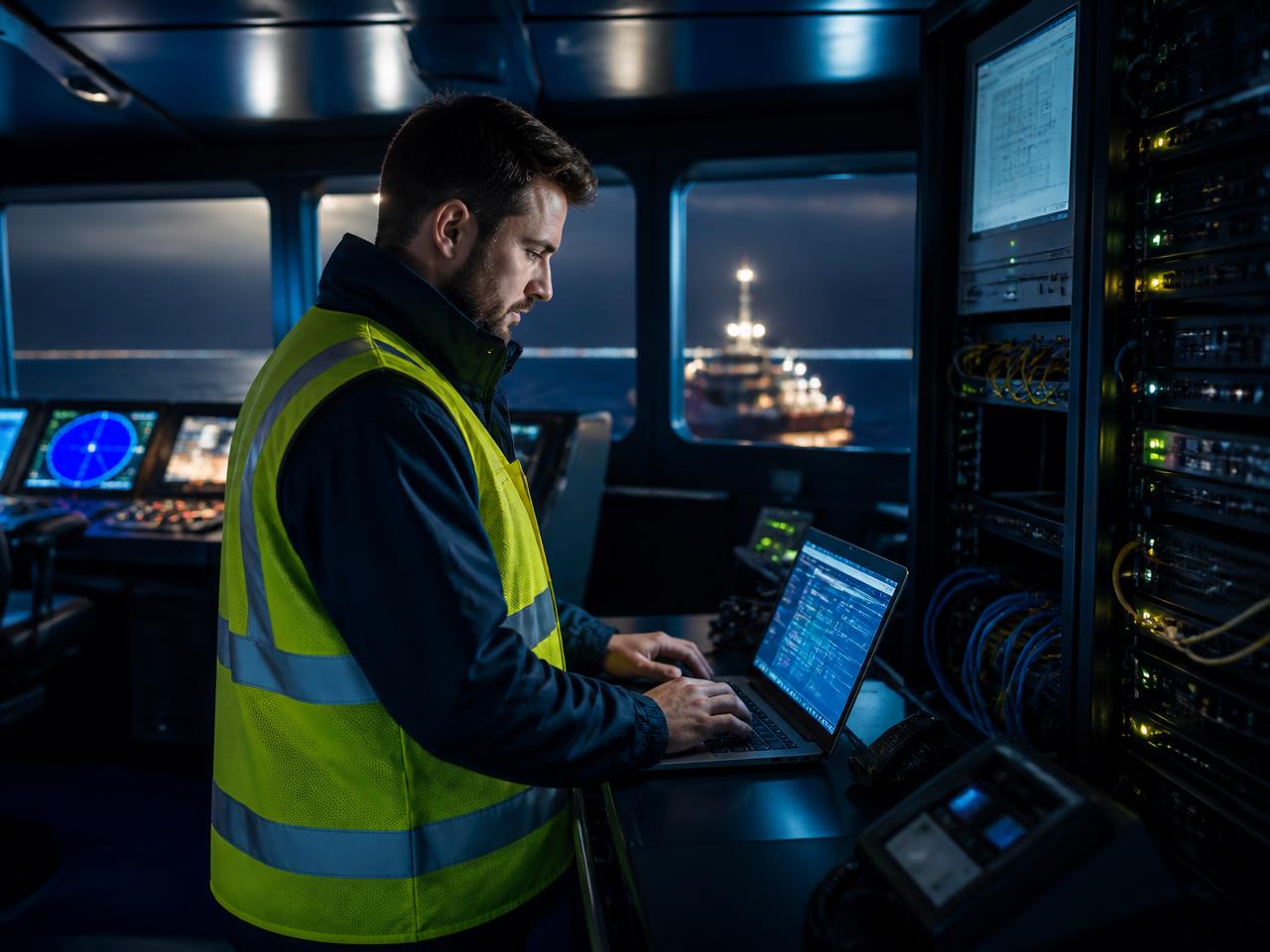Maritime IT engineer working on shipboard network systems